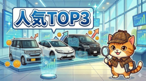 中古車人気TOP3（N-BOX・プリウス・アルファード）の維持費と実質コストを比較・解説する探偵猫のイラスト