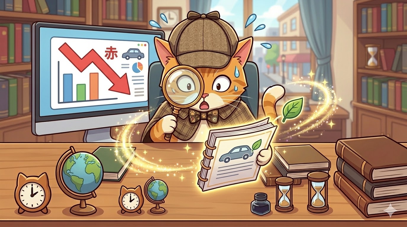 ホンダの赤字ニュースと自動車市場のデータを分析する猫探偵