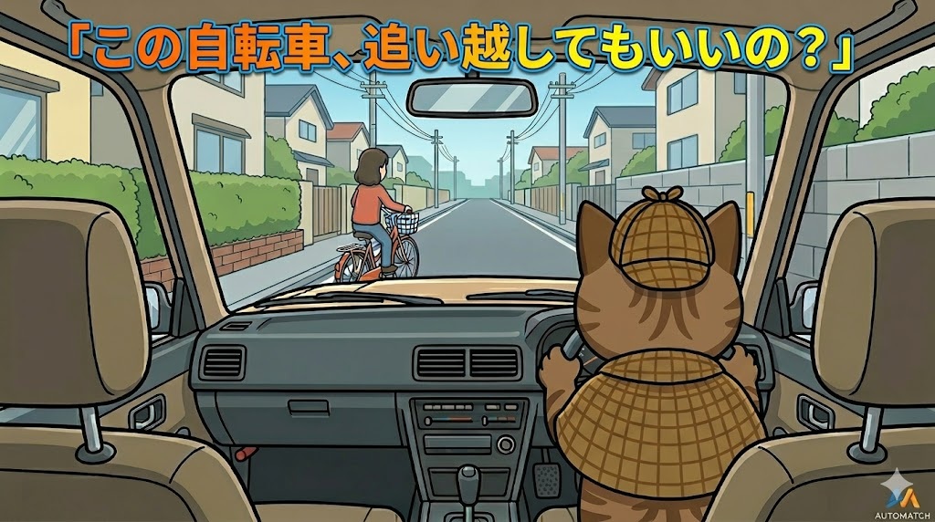 狭い道路で車が自転車を追い越す際の様子を描いたイラスト。2026年4月1日施行の新ルール（時速20～30キロの目安）を解説。